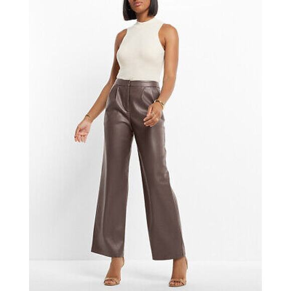 NWOT EXPRESS $98 MOCHA SUPER HIGH WAISTED FAUX LEATHER PLEATED WIDE LEG PANTS 4 - Picture 1 of 14